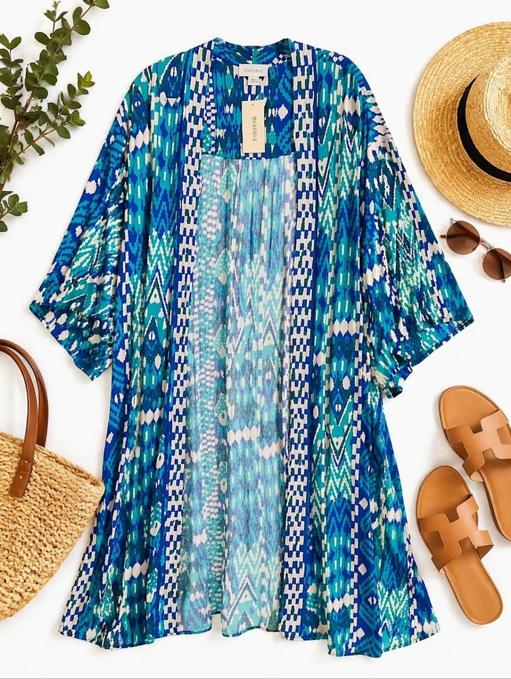 Evereve Sienna Kimono Duster Blue Multicolor Boho Open Front  Cover Up